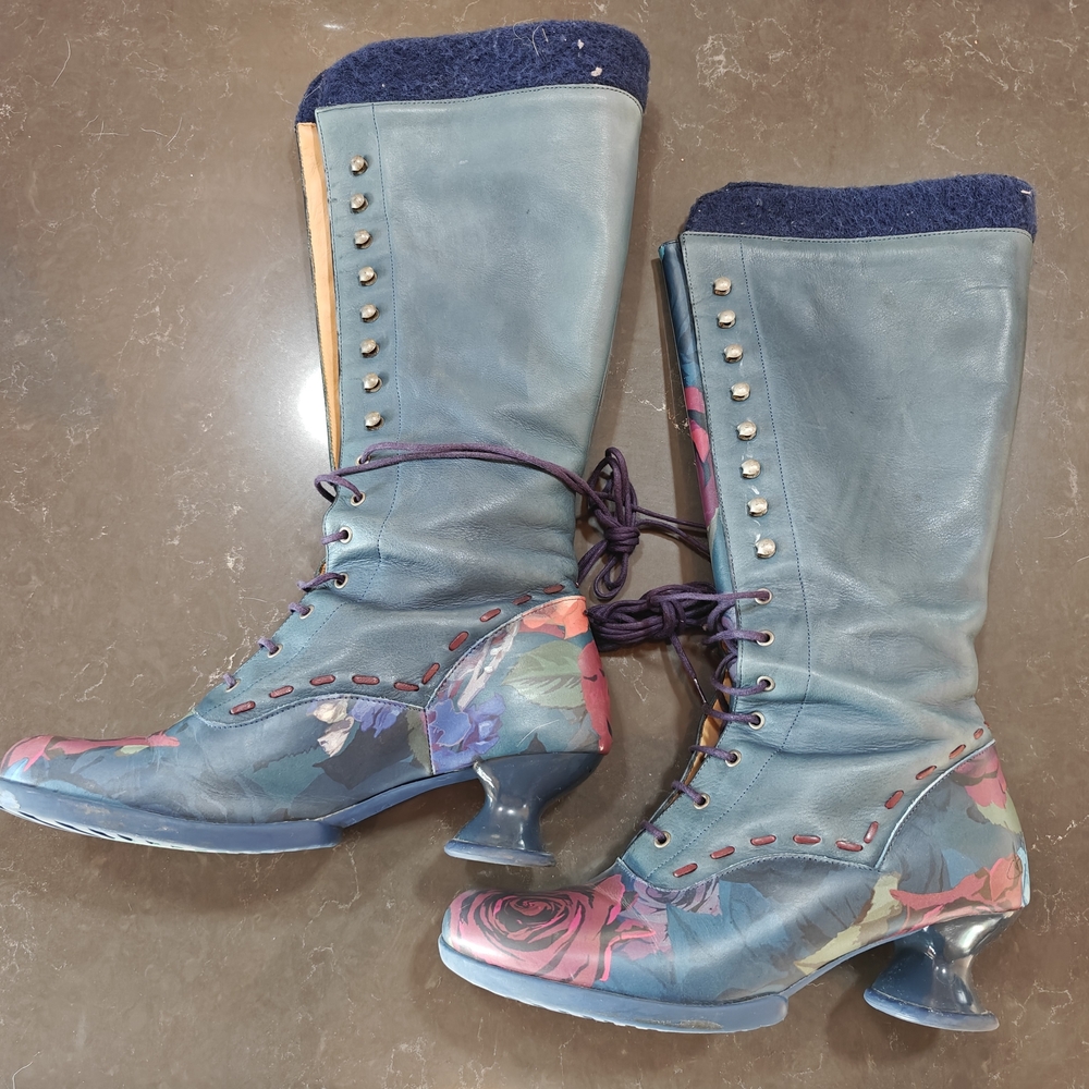 John Fluevog "Optimist" Teal and Floral Lace Up Boots